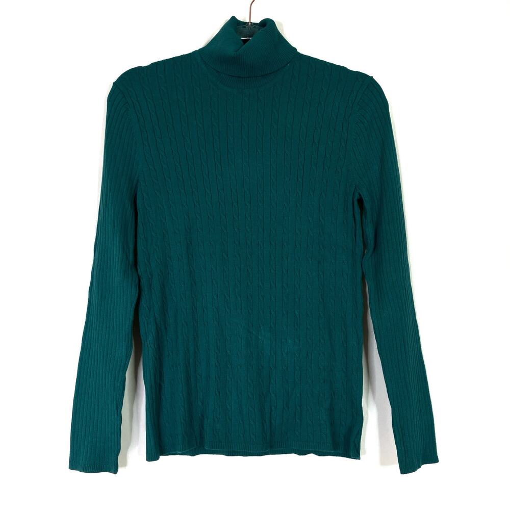 Evan Picone | Teal Blue Turtleneck Sweater Cable Knit Rayon Nylon Womens Large